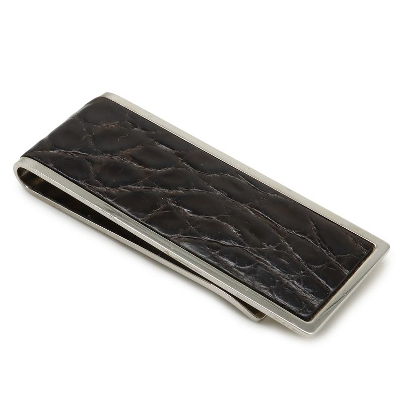 Gucci Money Clip Bill Clip Billfold Croc Shape Pressed Leather Dark Brown