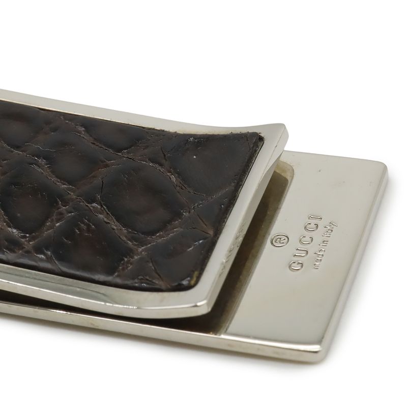 Gucci Money Clip Bill Clip Billfold Croc Shape Pressed Leather Dark Brown
