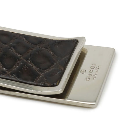 Gucci Money Clip Bill Clip Billfold Croc Shape Pressed Leather Dark Brown