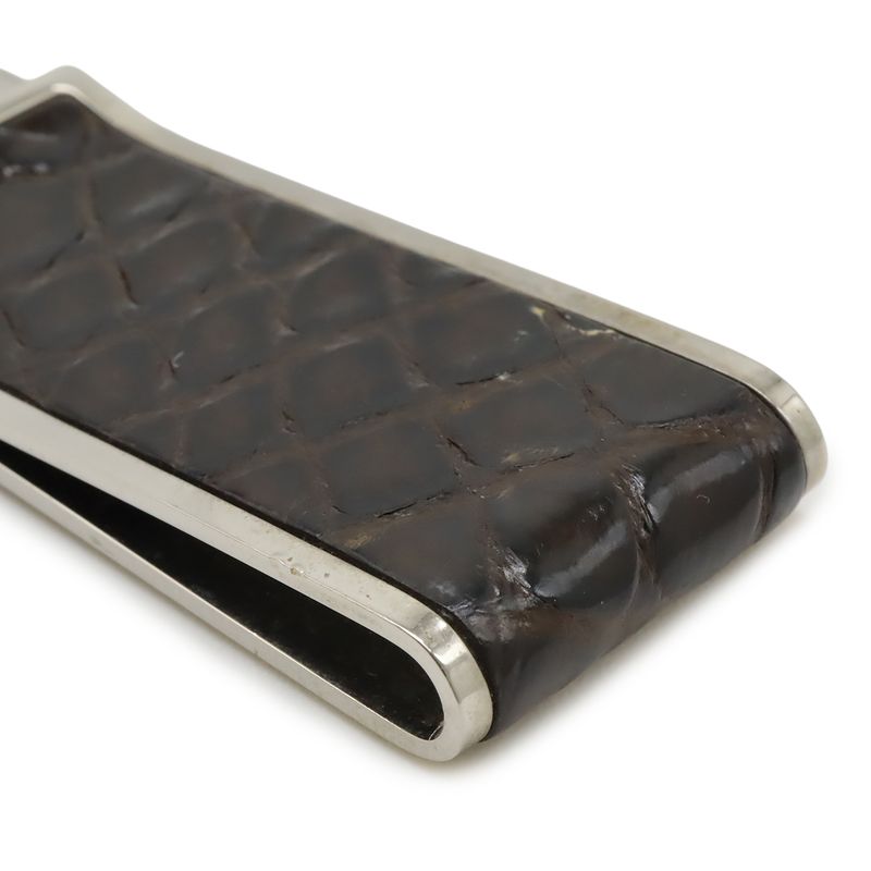 Gucci Money Clip Bill Clip Billfold Croc Shape Pressed Leather Dark Brown