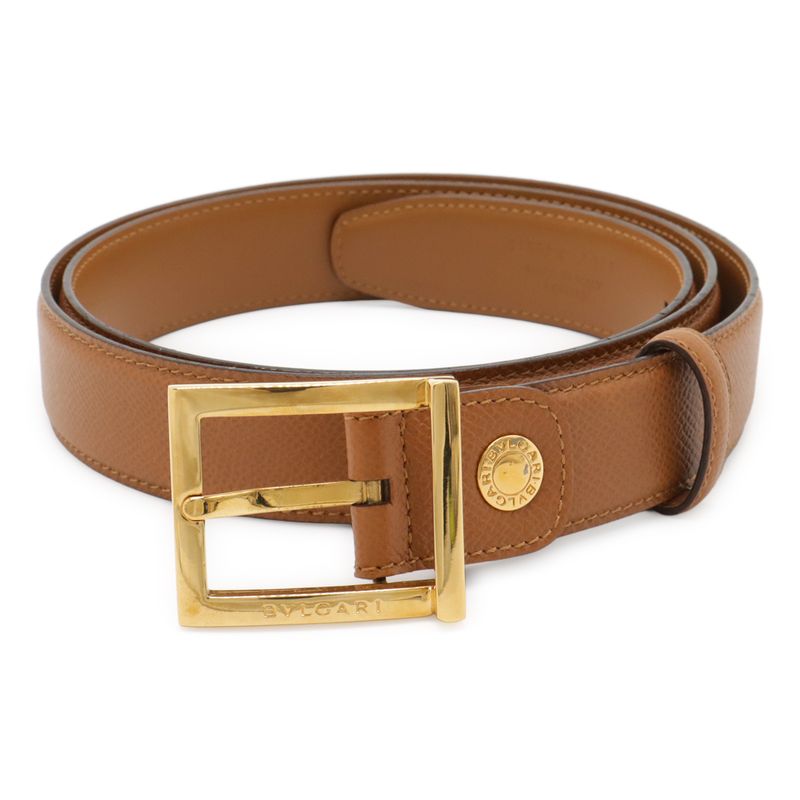 Bvlgari Logo Square Buckle Belt Leather Light Brown Gold Hardware Actual Size