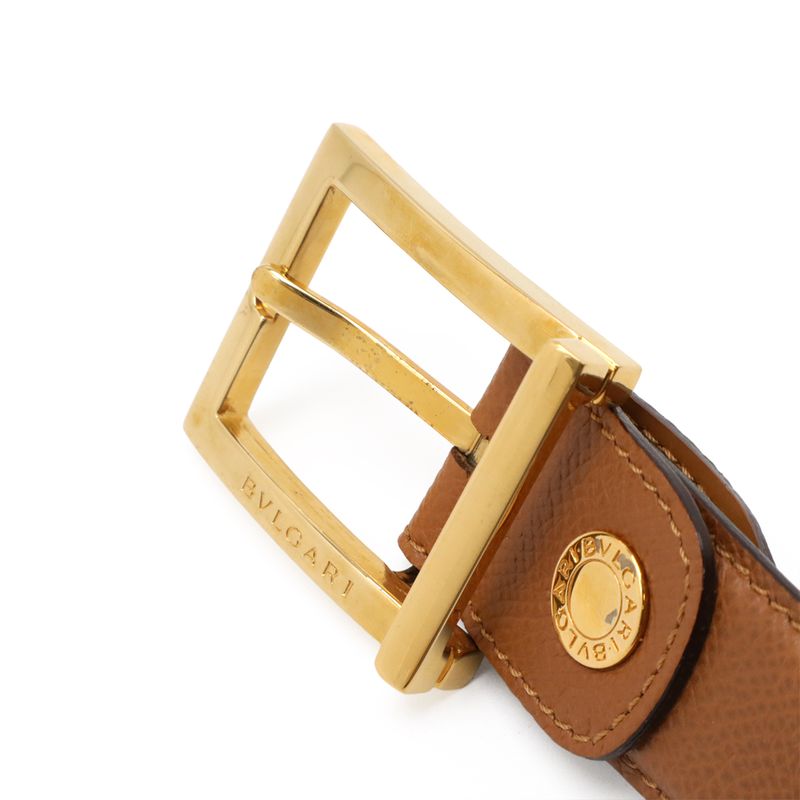 Bvlgari Logo Square Buckle Belt Leather Light Brown Gold Hardware Actual Size
