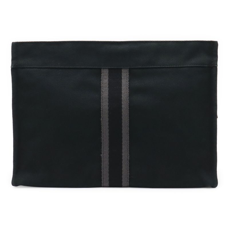 Hermes Fourre Tout Clutch Bag Second Bag Pouch Canvas Leather Black Gray