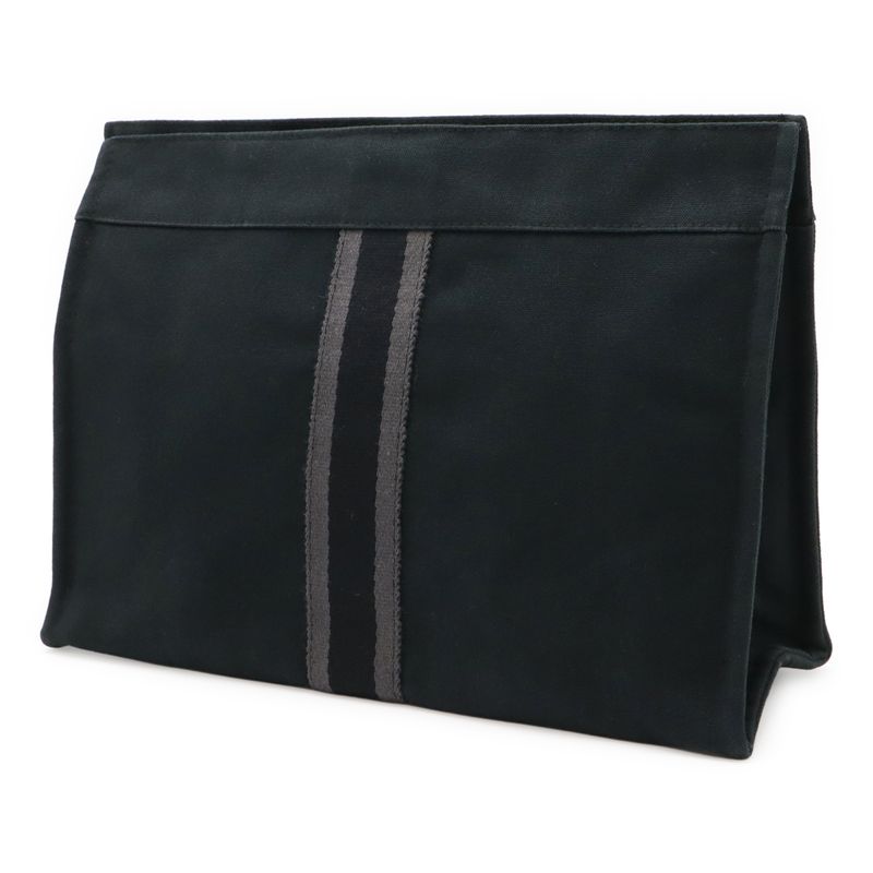 Hermes Fourre Tout Clutch Bag Second Bag Pouch Canvas Leather Black Gray