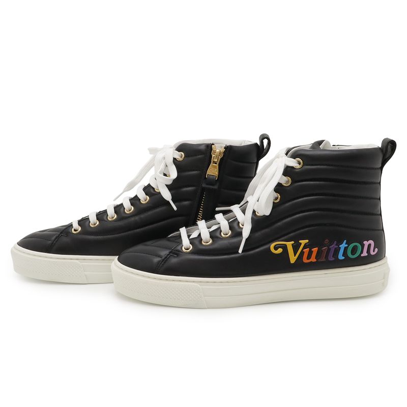 Louis Vuitton Stella Line Sneakers Logo Shoes High Cut Side Zip Leather Black