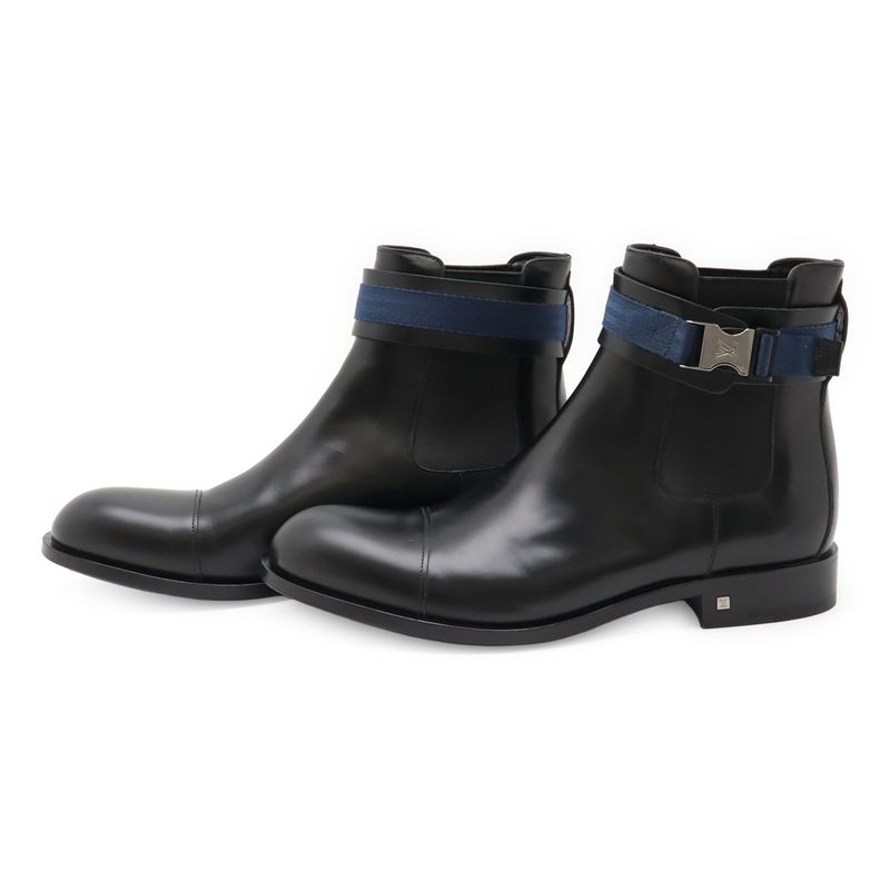 Louis Vuitton Ankle Belt Side Gore Short Boots Men's Black Blue #8 1 2 27.5cm
