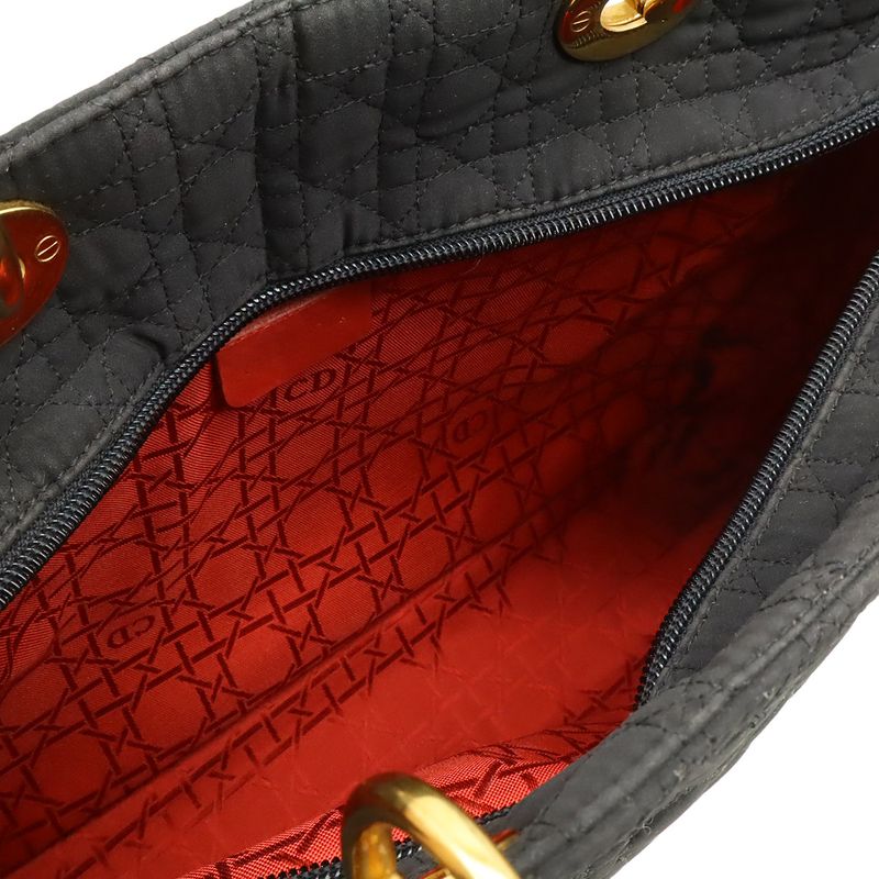 Christian Dior Lady Dior Cannage Handbag Tote Bag Nylon Black Gold Hardware