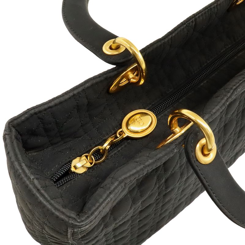 Christian Dior Lady Dior Cannage Handbag Tote Bag Nylon Black Gold Hardware