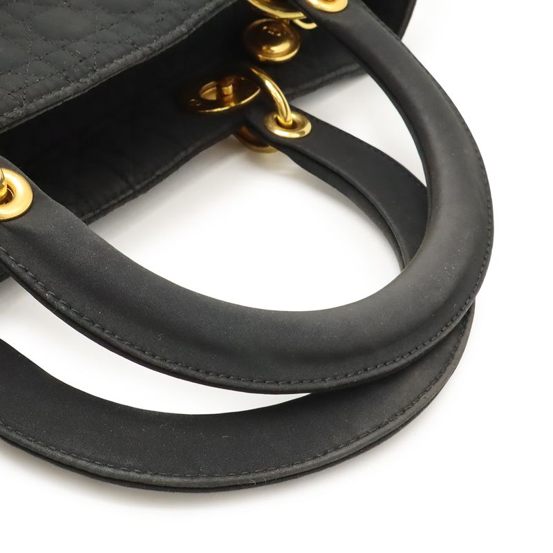 Christian Dior Lady Dior Cannage Handbag Tote Bag Nylon Black Gold Hardware