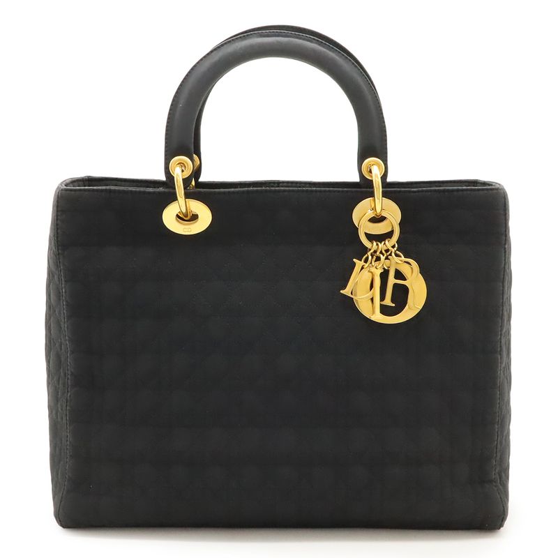 Christian Dior Lady Dior Cannage Handbag Tote Bag Nylon Black Gold Hardware