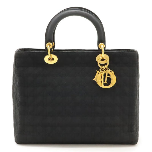 Christian Dior Lady Dior Cannage Handbag Tote Bag Nylon Black Gold Hardware
