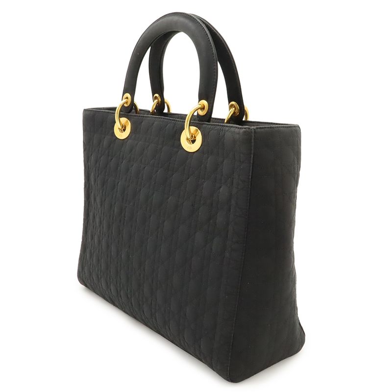 Christian Dior Lady Dior Cannage Handbag Tote Bag Nylon Black Gold Hardware