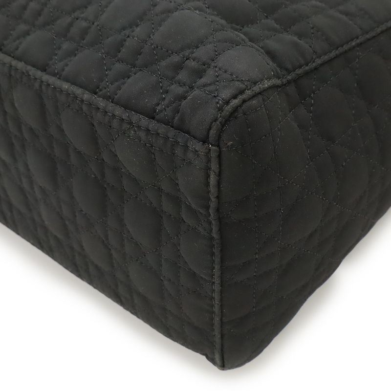 Christian Dior Lady Dior Cannage Handbag Tote Bag Nylon Black Gold Hardware