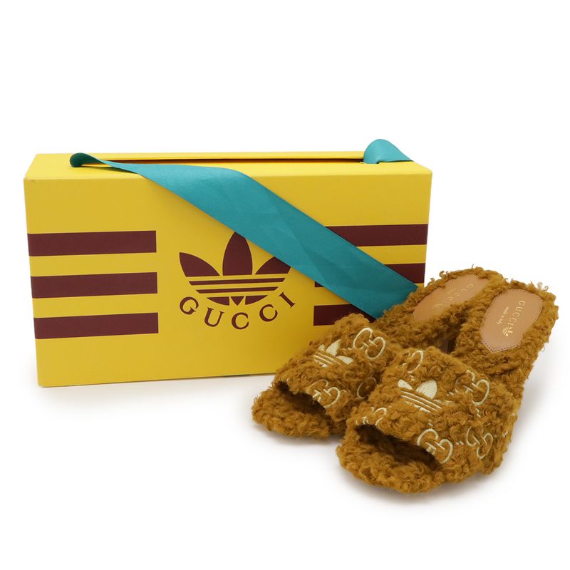 Gucci Adidas Collaboration GG Trefoil Logo Mules Sandals Mustard Fabric #37