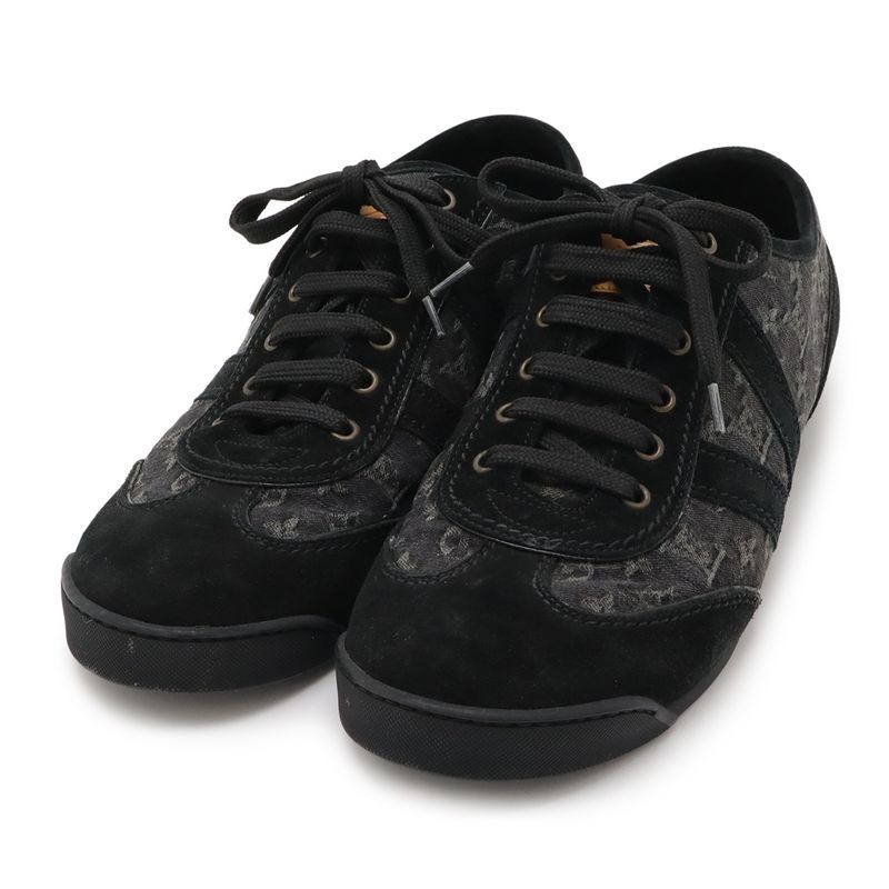 Louis Vuitton Monogram Denim Low Cut Sneakers Shoes Suede Black #6 1 2 Size