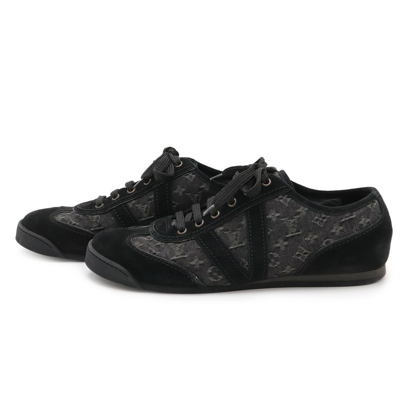 Louis Vuitton Monogram Denim Low Cut Sneakers Shoes Suede Black #6 1 2 Size