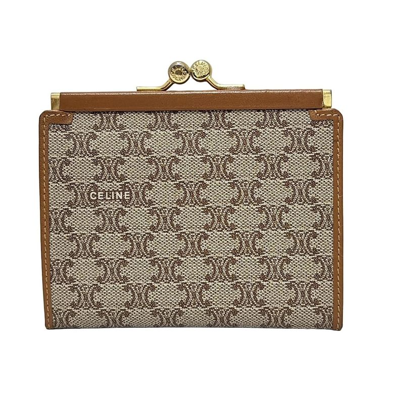 Celine Coin Case Macadam Pattern Beige and Brown Clasp Leather