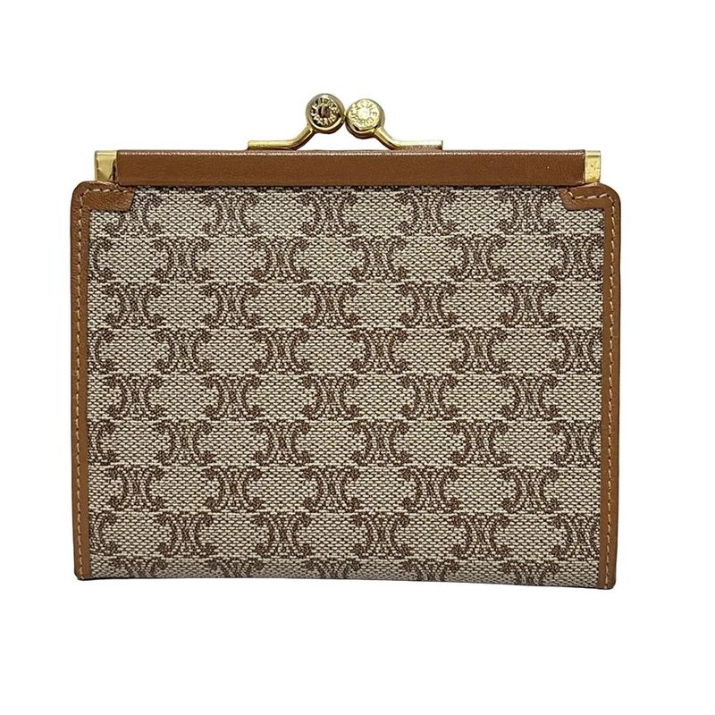 Celine Coin Case Macadam Pattern Beige and Brown Clasp Leather