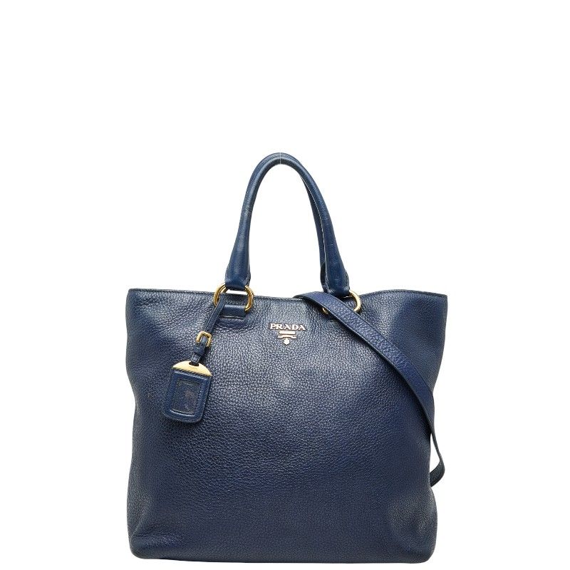Prada Logo Hardware Tote Shoulder Bag 2way Blue Leather Women's Prada