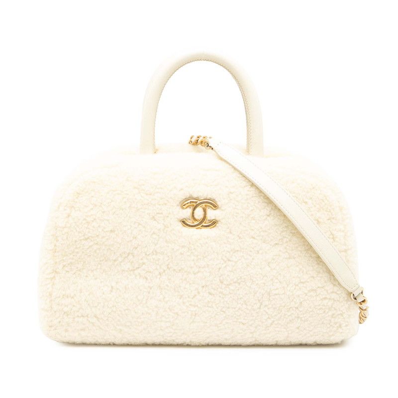 Chanel Coco Mark Handbag Shoulder Bag 2way White Boa Leather Women Chanel