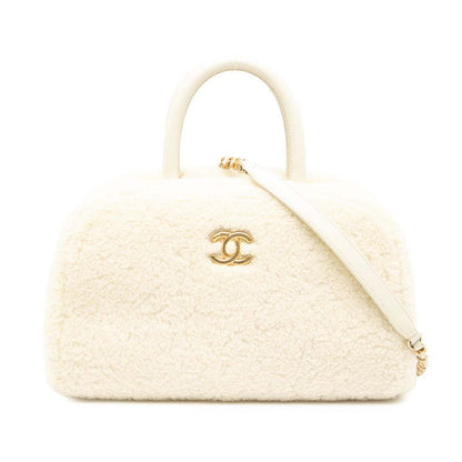 Chanel Coco Mark Handbag Shoulder Bag 2way White Boa Leather Women Chanel