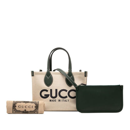 Gucci Logo Print Mini Tote Shoulder Bag 2way 772144 Beige Green Canvas Leather