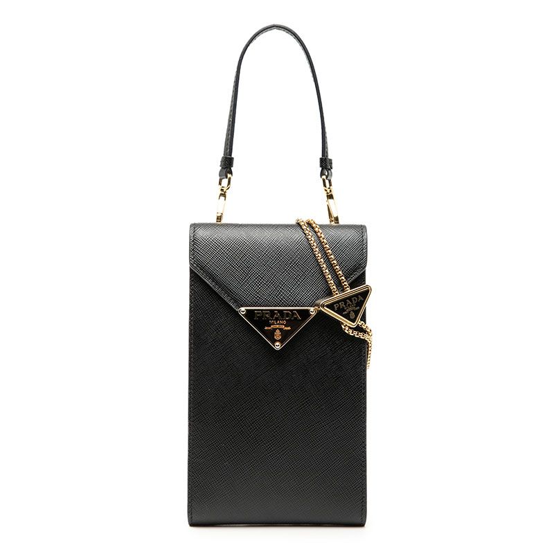 Prada Triangle Logo Plate Chain Phone Pouch 1bp050 Black Saffiano Leather Women