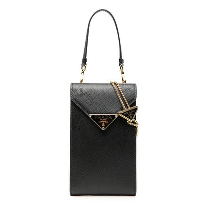 Prada Triangle Logo Plate Chain Phone Pouch 1bp050 Black Saffiano Leather Women