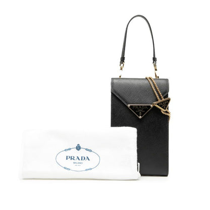 Prada Triangle Logo Plate Chain Phone Pouch 1bp050 Black Saffiano Leather Women