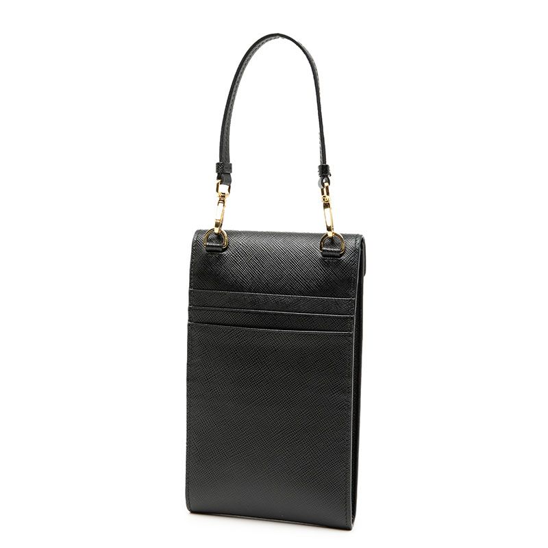 Prada Triangle Logo Plate Chain Phone Pouch 1bp050 Black Saffiano Leather Women