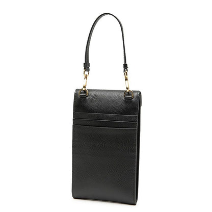 Prada Triangle Logo Plate Chain Phone Pouch 1bp050 Black Saffiano Leather Women