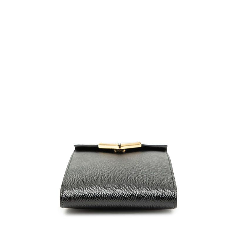 Prada Triangle Logo Plate Chain Phone Pouch 1bp050 Black Saffiano Leather Women