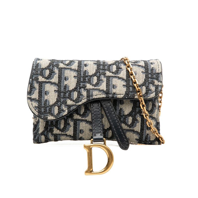 Dior Trotter Saddle Nano Pouch Chain Pochette Shoulder Bag Navy Beige Canvas