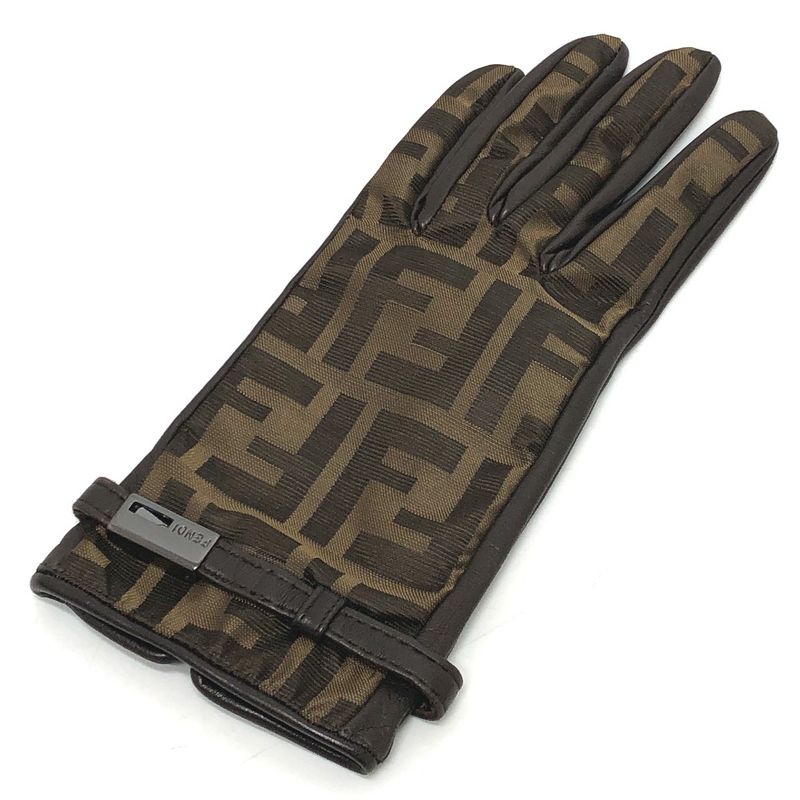 Fendi Gloves Zucca Pattern FF Logo Canvas Brown