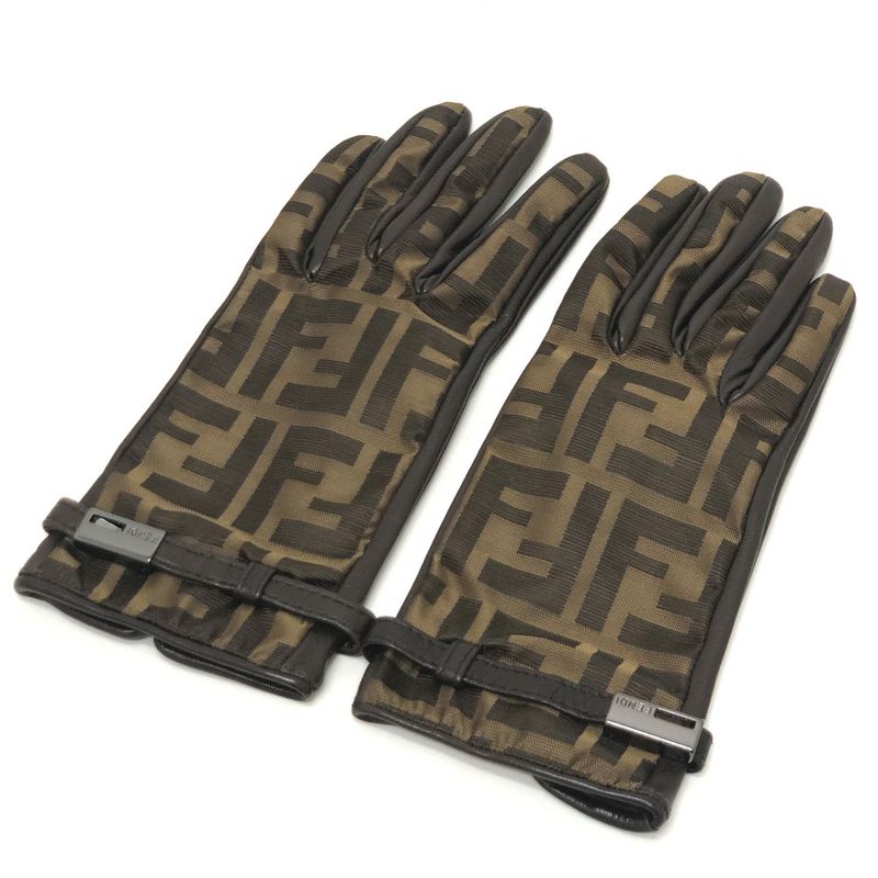 Fendi Gloves Zucca Pattern FF Logo Canvas Brown