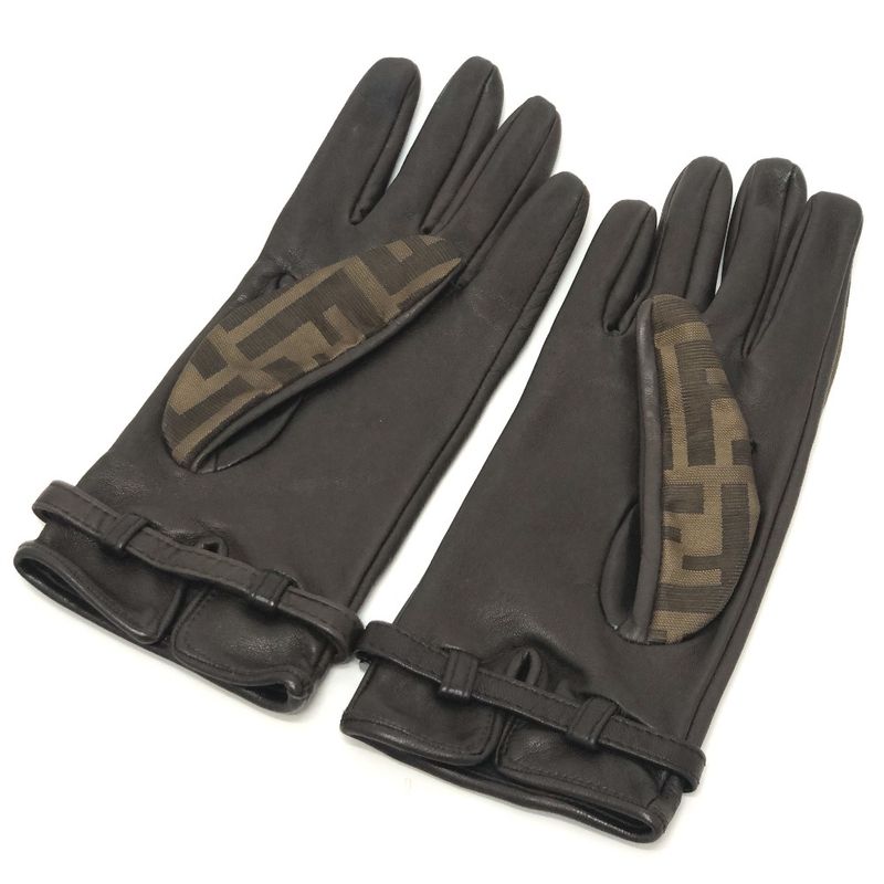 Fendi Gloves Zucca Pattern FF Logo Canvas Brown