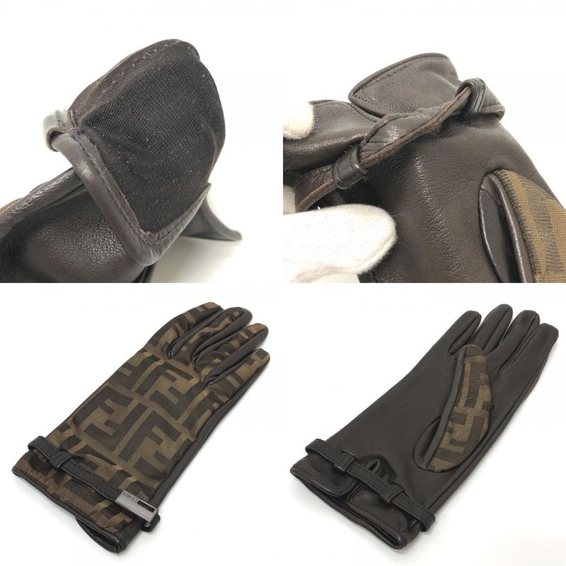 Fendi Gloves Zucca Pattern FF Logo Canvas Brown