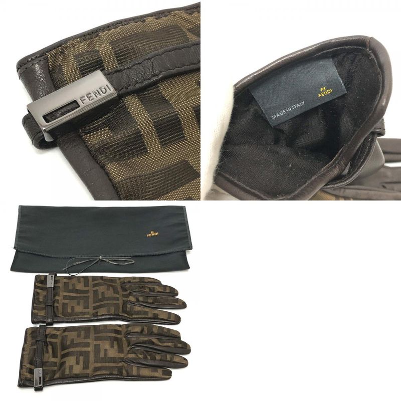 Fendi Gloves Zucca Pattern FF Logo Canvas Brown