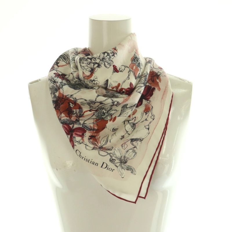 Christian Dior Jardin Magic 70 Square Scarf Silk Floral Pattern Wine Red White