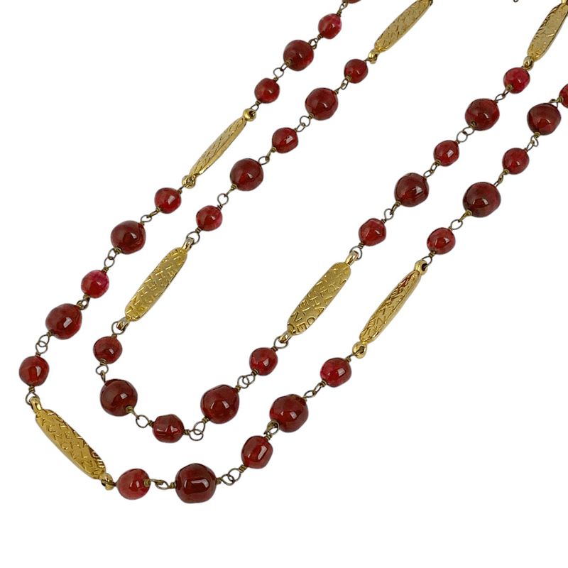 Chanel Logo Necklace 2strands Long Gripore Necklace GP Gold Red Ladies