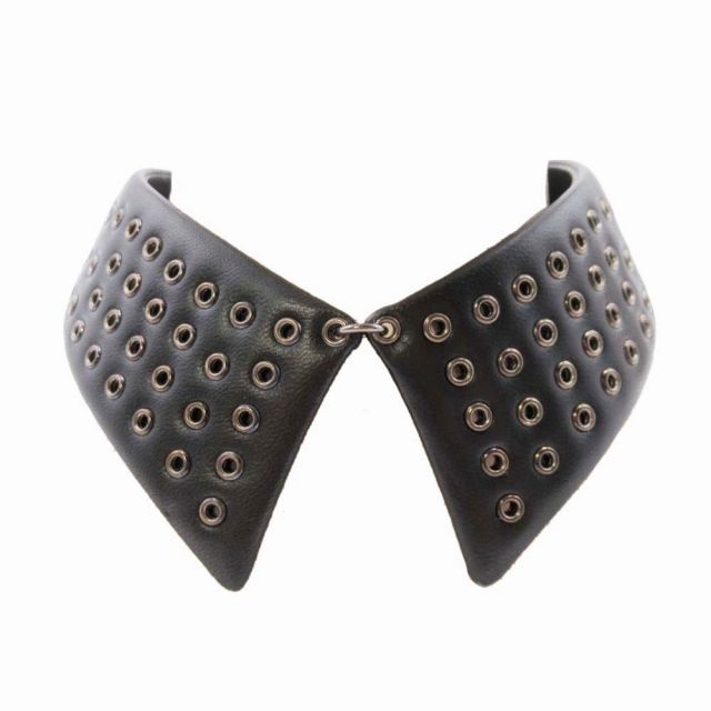 Christian Dior Leather Collar Necklace Choker Eyelet Dove Hardware Black Silver
