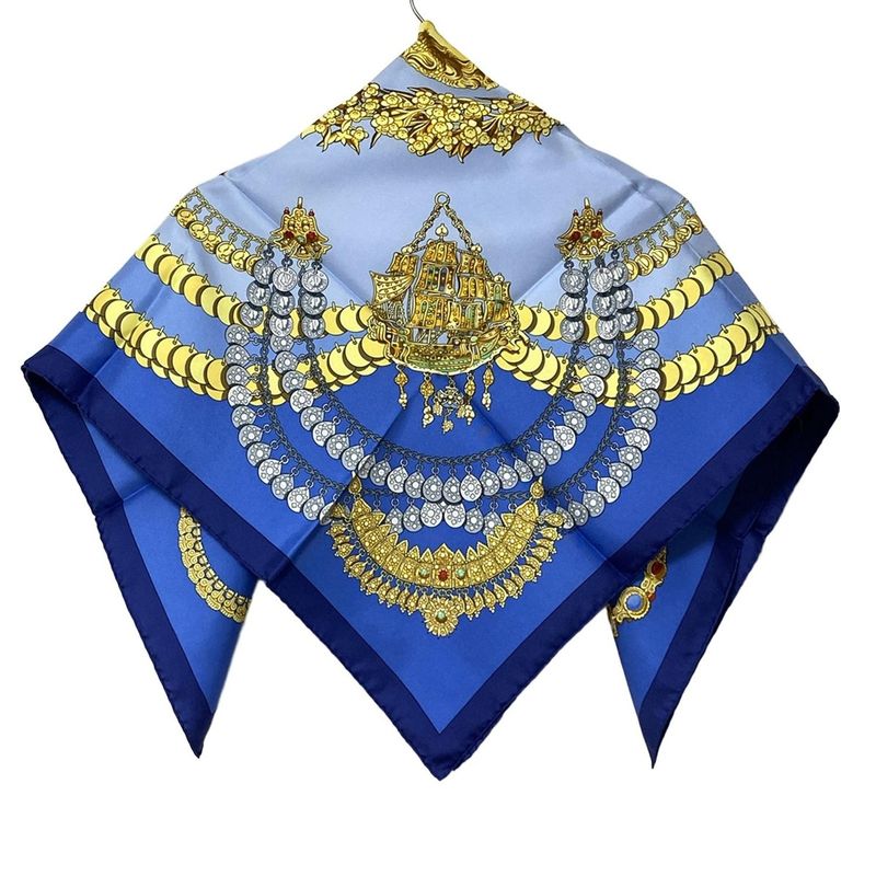 Hermes Scarf Carré 90 Light Blue × Yellow × Multi Cosmima Jewelry Pattern