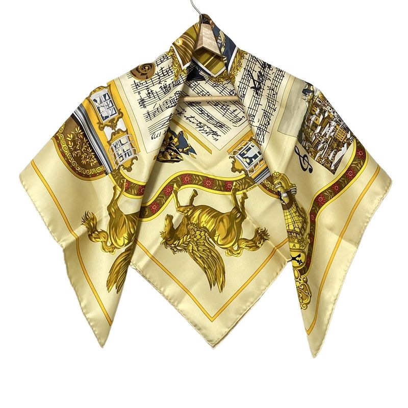 Hermes Scarf Carré 90 Light Yellow×black×multi in Salzburg Musical Score Pattern