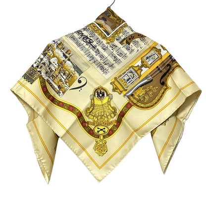 Hermes Scarf Carré 90 Light Yellow×black×multi in Salzburg Musical Score Pattern