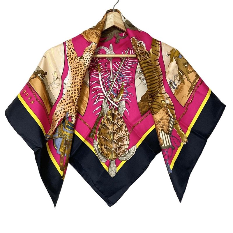 Hermes Scarf Carré 90 Pink×black×multi Chass Es Exotioues Animal Print