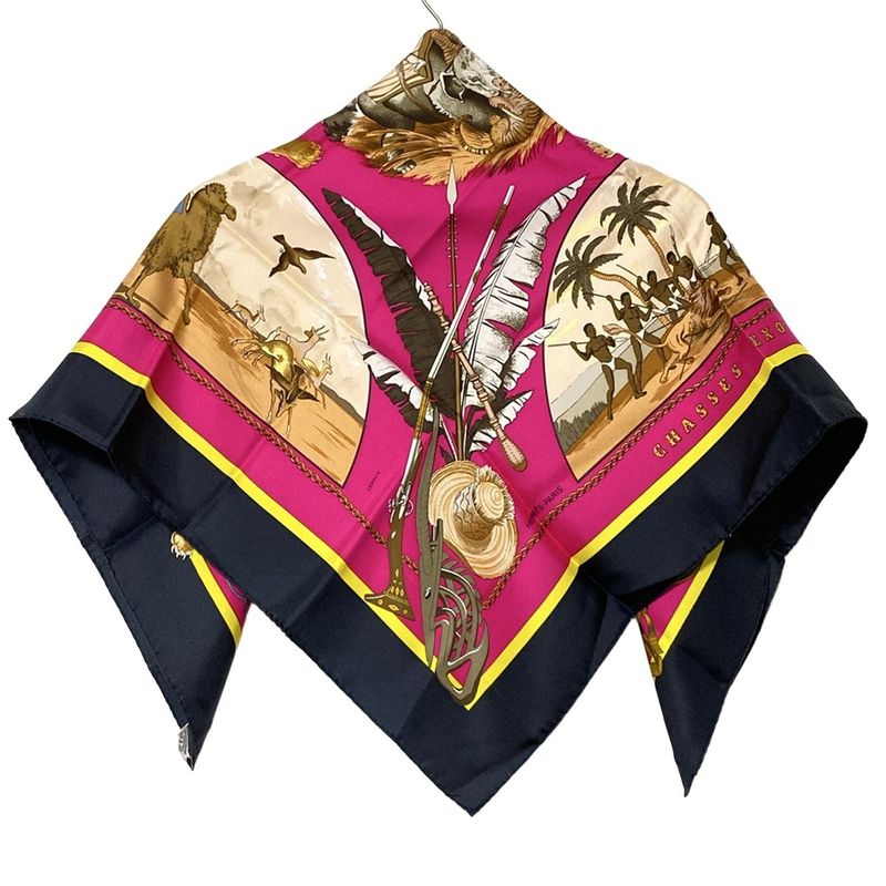 Hermes Scarf Carré 90 Pink×black×multi Chass Es Exotioues Animal Print