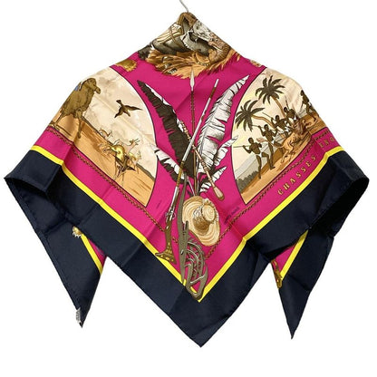 Hermes Scarf Carré 90 Pink×black×multi Chass Es Exotioues Animal Print