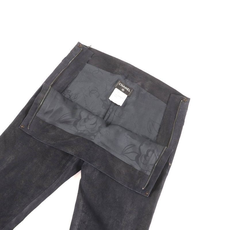 Good Chanel P46259 Checked Suede Leather Pants with Coco Mark Buttons Black 38