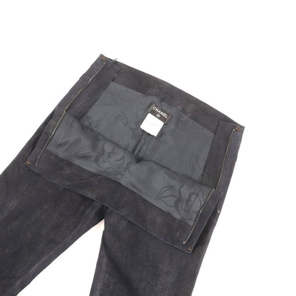 Good Chanel P46259 Checked Suede Leather Pants with Coco Mark Buttons Black 38