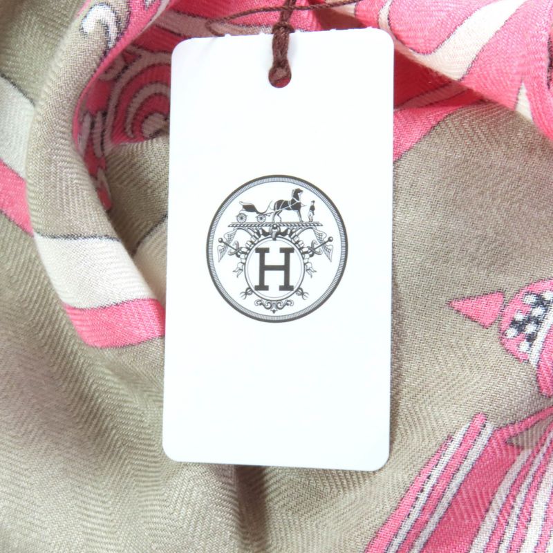 Hermes Triangle Exlibris Cashmere Silk Beige Sandle Pink Jeanne Vif Shawl with